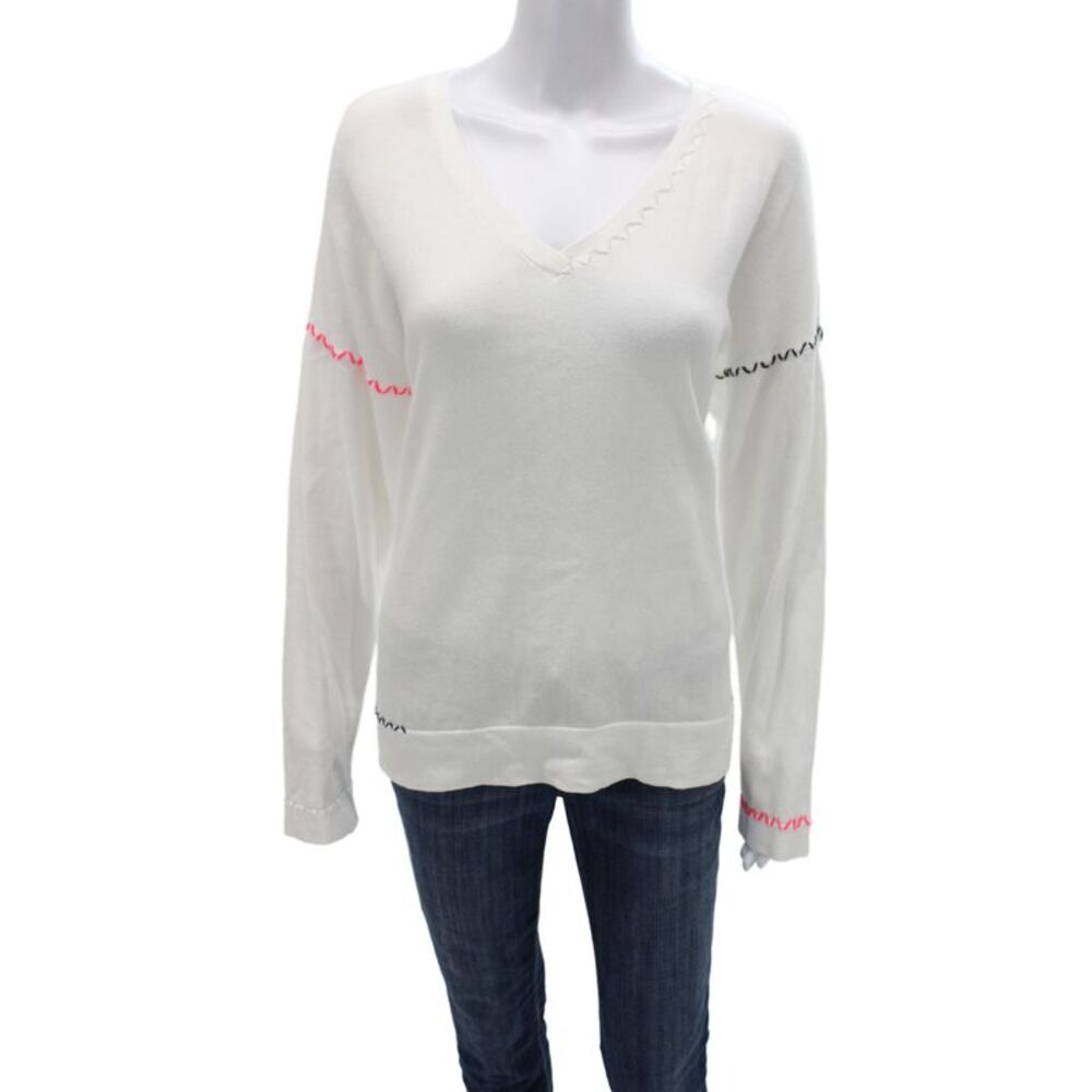 Lisa Todd Womens V-Neck Pullover Sweater White Cotton Long Sleeve Boho Size XL